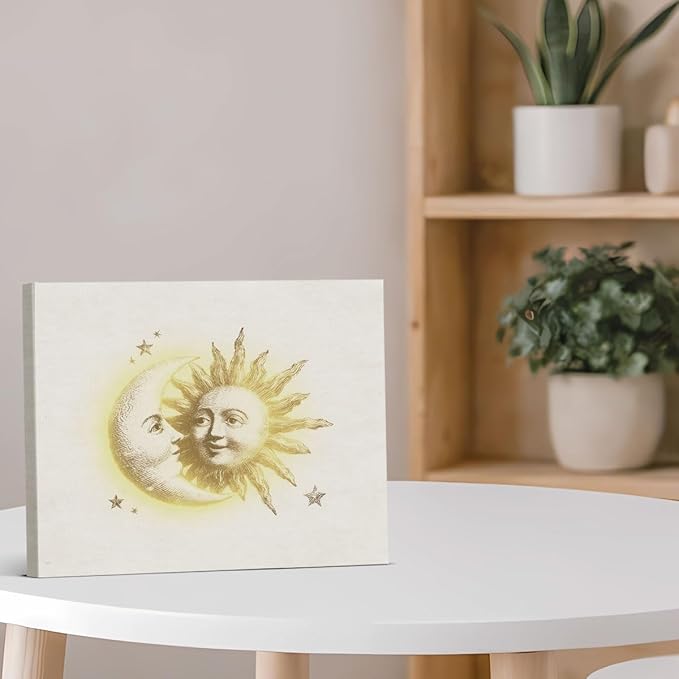 Vintage Mystical Celestial Canvas Wall Art Whimsical Sun and Moon Print Painting Retro Wall Decor for Home Bedroom Nursery 8x10 Inches Framed