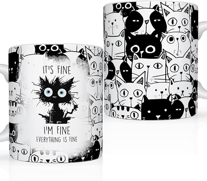 Cats Lover Gifts, Funny Black Cats Mug, Everything Is Fine Cat Mug, Birthday Christmas Gift for Kitty Mom, Crazy Cat Halloween Gifts, 11 Oz Coffee Cup
