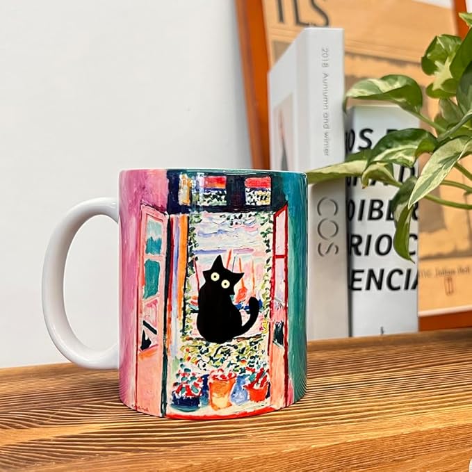 Famous Art Paintings Funny Cat Coffee Mug for Artist Art Lover Teacher Cat Lovers, Famous Picture Classic Vincent Aesthetic Canvas Mug Birthday Gift for Women Man (Open Window)