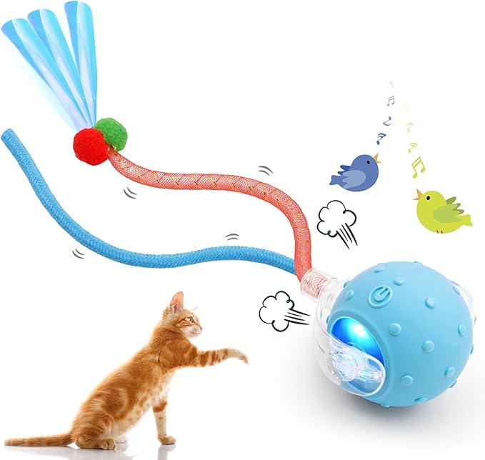 Interactive Cat Toy Ball for Indoor Features Fast Rolling, Bird Chirping Sounds,Intelligent Activation.It’s Rechargeable and Includes Two Replaceable Tail Types