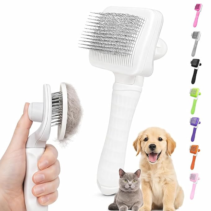 Self Cleaning Slicker Brush, Dog Cat Bunny Pet Grooming Shedding Brush, Easy to Remove Loose Undercoat, Pet Massaging Tool Suitable for Pets with Long or Short Hair (White)