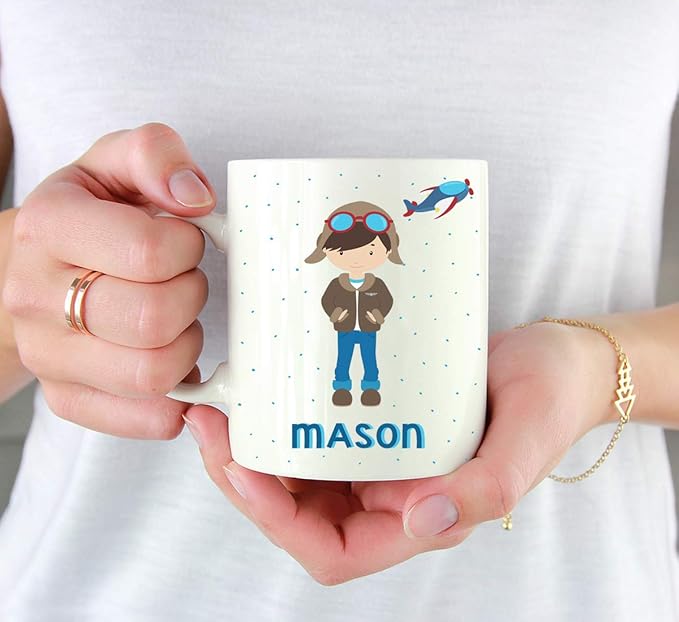Andaz Press Personalized 11oz. Kids Hot Chocolate Mug, Boy Pilot, 1-Pack, Custom Child’s Birthday Christmas Coffee Cup