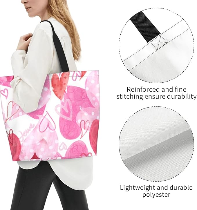 Pink Tote Bags for Women, Cute Pink Heart Print Purse, Reusable Shopping Handbags, Casual Travel Work Daily Waterproof Summer Grocery Shoulder Bag Holiday Gifts -Large