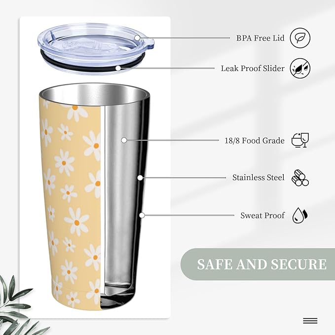 Daisy Tumbler 20oz Floral Stainless Steel Insulated Tumblers with Lid and Straw Yellow Travel Coffee Mug Tea Wine Cups Water Bottle Daisy Gifts for Women