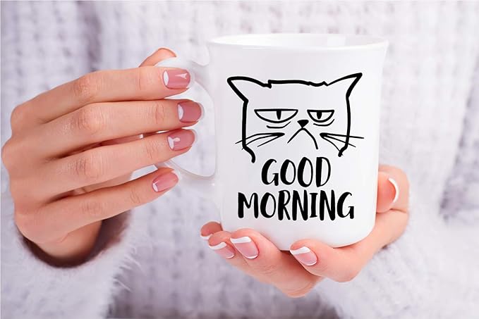 CBTwear Good Morning Funny Grumpy Cat 11oz White Ceramic Coffee Mug - Cute Unique Cat Mom Gifts for Birthdays, Anniversaries, or Any Occasion