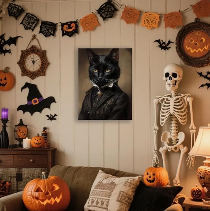 Jatinoo Black Cat Wall Art Framed Canvas - Gothic Home Decor, 16x24 Inch Vintage Print for Dark Academia, Moody Witchy Halloween Decor, Aesthetic Room Poster & Cat Lover Gift