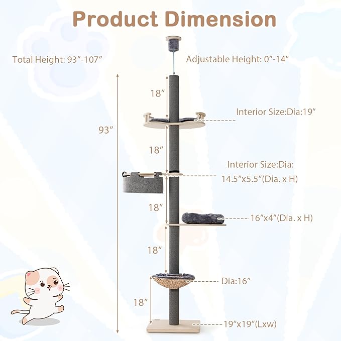 Tangkula Floor to Ceiling Cat Tree, Tall Cat Tower with Adjustable Height (93-107 Inch) for Large Cats, 5 Tier Cat Climbing Pole with Scratching Post, Cattail Basket Bed, Hammock for Indoor Cats