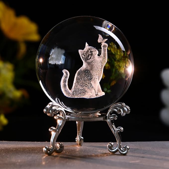 Cat Gifts for Women 3D Crystal Ball 60mm Cat Lover Themed Gift with Stand Gifts for Women Mothers Day Christmas Birthday
