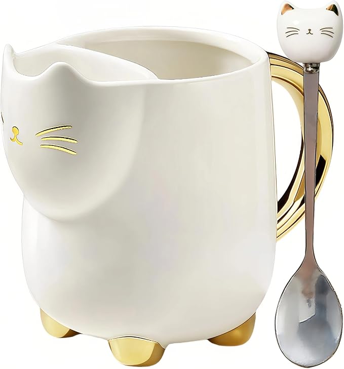Yuwu 17oz Cat Mug with Tea Bag Holder & Spoon – Cute Ceramic kitty Coffee Cup Gift for Cat Lovers, Women, Girls – Tea Mug for Birthday, Christmas, Valentine’s Day (white)