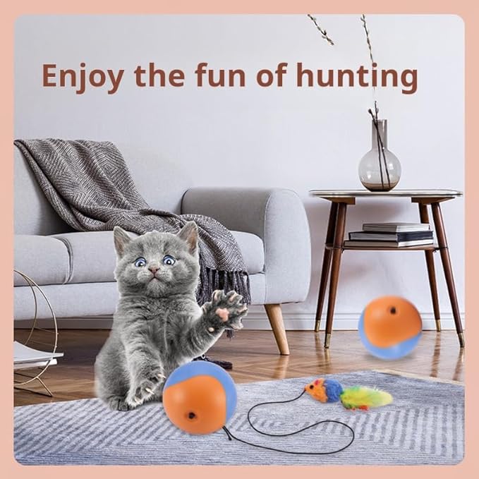 Interactive Cat Ball Toy, Automatic Rolling Motion with Feather Teaser, Self-Moving for Indoor Cats, Bluish Orange