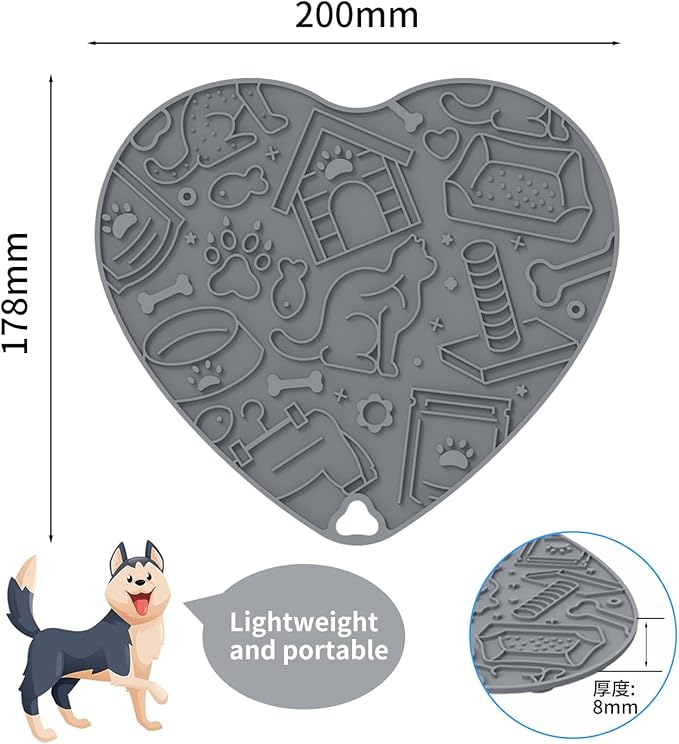 Silicone Slow Feeder Dog & Cat Bowl with Suction Cups – Non-Slip Fun Pattern for Dogs and Cats, Interactive Pet Enrichment Bowl, Treat Eating Feeder, Heart-Shaped Mat Compatible (Grey)