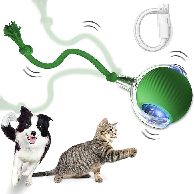 Smart Interactive Cat Toy - Automatic Moving Ball with 3 Modes, Motion Activated Self-Rolling with Long Tail & LED - Enrichment for Bored Indoor Cats (Green)