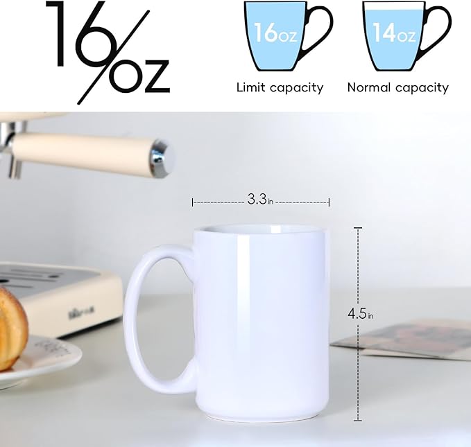 16 OZ Porcelain Coffee Mug, Classic Blank Ceramic Cup with Large Handle for Tea Latte Cappuccino, White