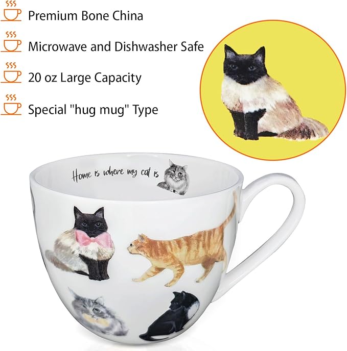Cute Cat Mugs for Daily Coffee and Tea, Premium 20 oz Bone China Coffee Tea Hug Mug, Perfect Holiday, Birthday, and Christmas Gift for Cat Lovers, Designed in England by Harvest Green Studio