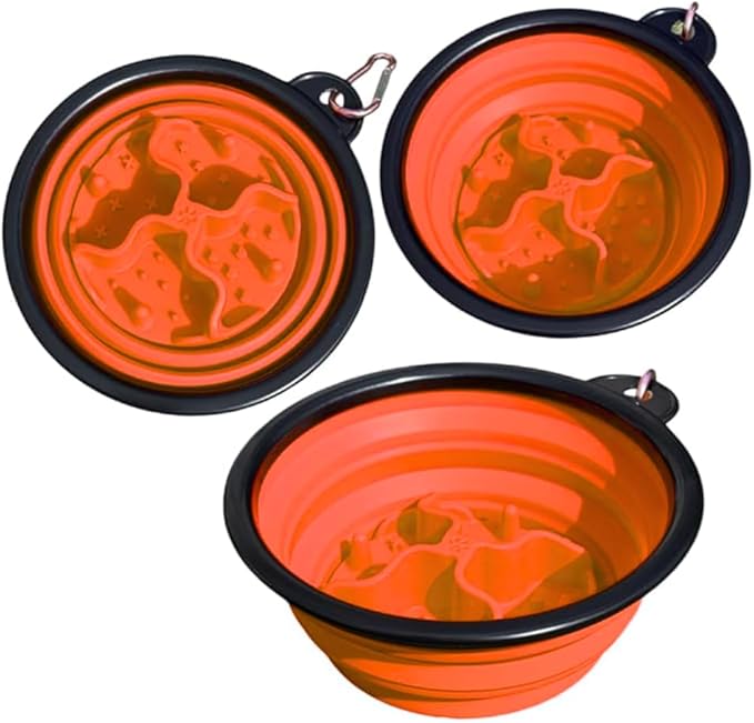 Collapsible Cat Bowl, Maze Design Pet Puzzle Feeder, 650ml Dog Slow Feeding Bowls, Dog Slow Feeding Bowl with Carabiner Portable BPA-Free Silicone Pet Bowls for Hiking, Travel, Camping - Color Orange