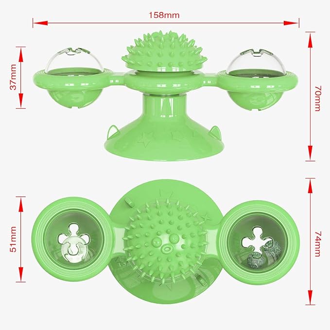 Interactive Windmill Cat Toys with LED Light Ball, Catnip, Suction Cup, Cat Exercise, Green