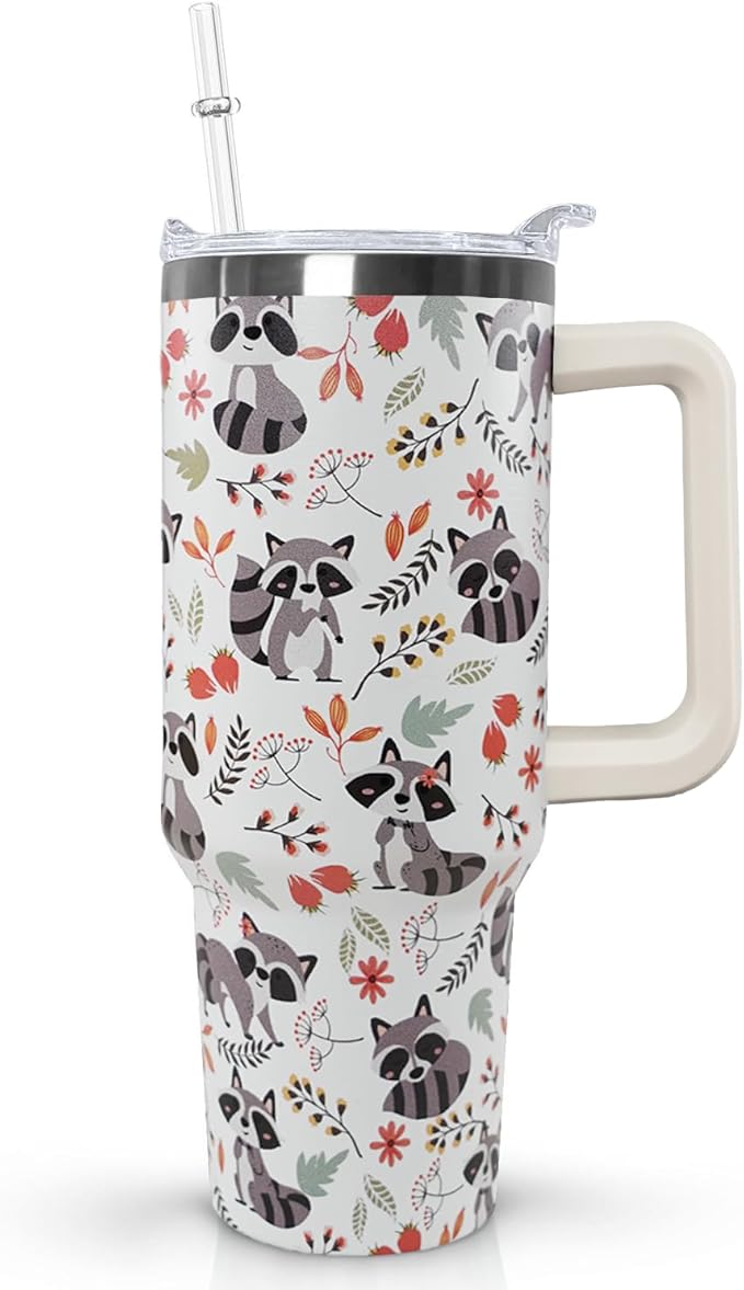 Ceovfoi 40 Oz Racoon Tumbler With Handle, Coffee Travel Mug Cup Water Bottle, Racoon Decor, Gifts for Women