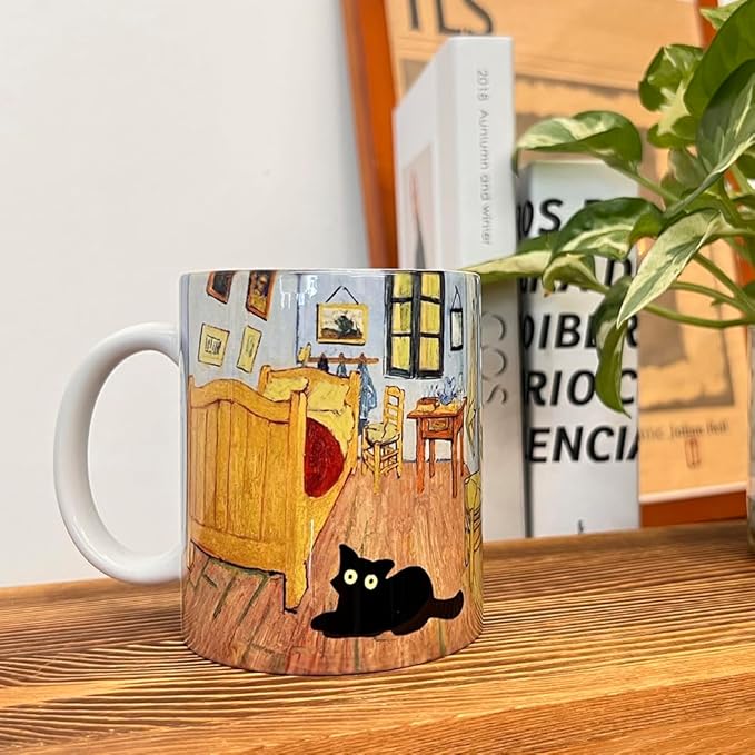 Famous Art Paintings Funny Cat Coffee Mug for Artist Art Lover Teacher Cat Lovers, Famous Picture Classic Vincent Aesthetic Canvas Mug Birthday Gift for Women Man (Bedroom in Arles)