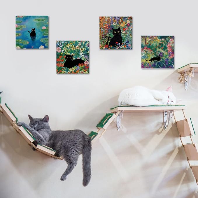 4 PCs Floral Cats Canvas Wall Art Framed Wall Decor, Cat Lover Gifts, Cat Themed Gifts Art Prints Paintings, Aesthetic Pictures Home Decor for College Dorm Bathroom Bedroom Farmhouse