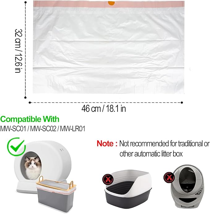 40 Count 18" x 12.6" Cat Litter Box Liners, Replaced Trash Bags Fit for Cat Litter Box MW-SC01/MW-SC02/MW-LR01, Drawstring Waste Drawer Liners for Automatic Litter Box