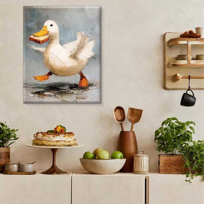 Vintage Funny Duck Wall Art Decor Cute Duck with Bread Print Picture Cottagecore Wall Decor for Home Farmhouse Living Room 8x10 Inch Canvas Framed
