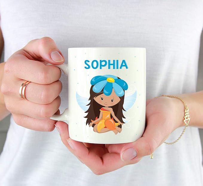 Andaz Press Personalized 11oz. Kids Milk Hot Chocolate Mug, Orange Fairytale Princess with Blue Flower, 1-Pack, Custom Child’s Birthday Christmas Coffee Cup