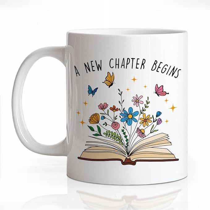 A New Chapter Begins Ceramic Coffee Mug for Women, Funny Floral Book 11oz Coffee Cup Gifts for Coworker, Retirement Farewell Mug Gifts, Going Away Good Luck Graduation Present