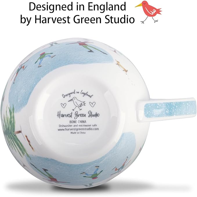 Christmas Skating Mug - 20 oz Bone China Winter Coffee Mugs with Snowy Village, Perfect Holiday and Birthday Gifts for Friends and Family - Designed in England by Harvest Green Studio