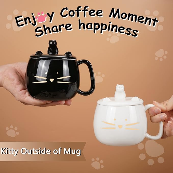 Koolkatkoo Unique Cat Coffee Mug with Lid for Cat Lover Cute Ceramic Tea Mugs with Holder for Cell Phone Porcelain Cup Have The Gold Kitten Gift for Women White