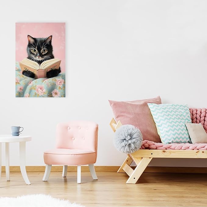 Vintage Cute Cat Canvas Wall Art Funny Cat Covered With Quilt Reading A Book Poster Trendy Cat Lovers Animal Aesthetic Prints Painting For Girls Room Bedroom Dorm Wall Decor 8x12in Framed