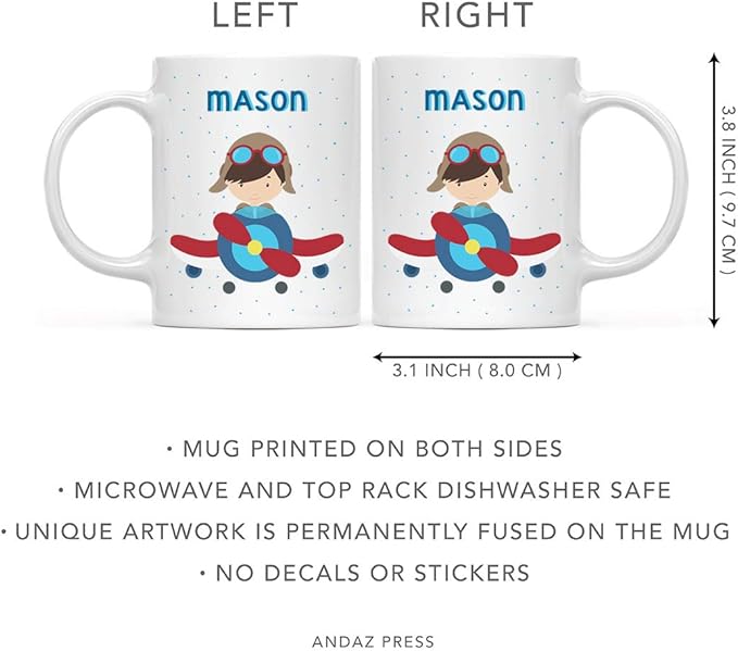 Andaz Press Personalized 11oz. Kids Hot Chocolate Mug, Boy Pilot in Airplane, 1-Pack, Custom Child’s Birthday Christmas Coffee Cup