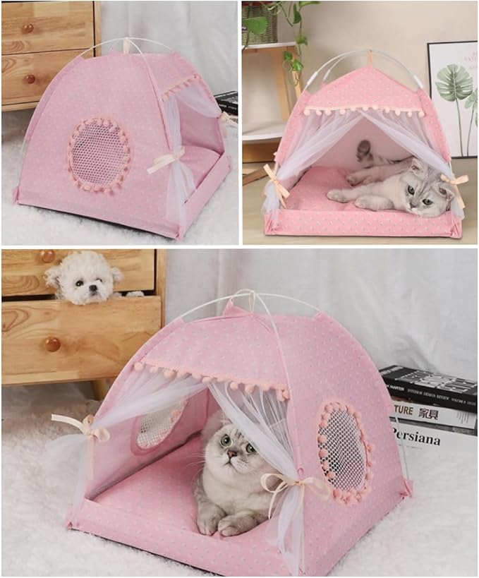 Selena Cat Bed Tents Dog House Indoor Outdoor Lace Mesh Breathable Windows Door Curtains Removable Portable Nest Teepe House (Medium,Pink(Flower))
