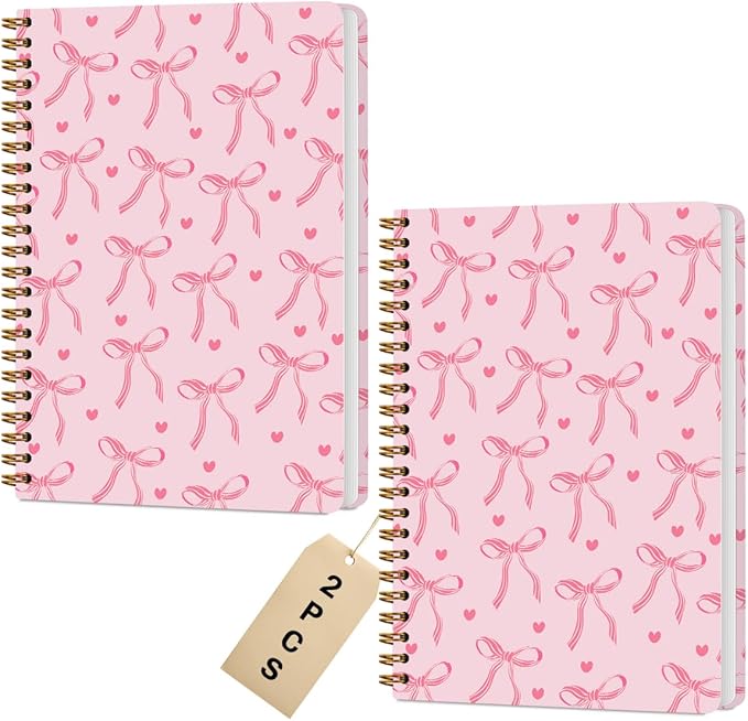 2 Packs Pink Bow Spiral Notebook College Ruled Trendy Notebook Journal Preppy Coquette Stuff Gifts for Women Teen Girls Journals for Writing Journaling Notebooks Office Classroom Supplies