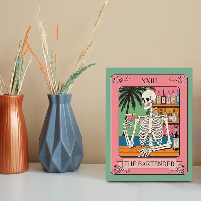 The Bartender Tarot Wall Art, Funny Skeleton Bartender Drinking Cocktail, Gothic Framed Canvas Prints Vintage Artwork for Walls, Retro Paintings for Bar Pub Living Room Bedroom Decor 15x11.4 inch