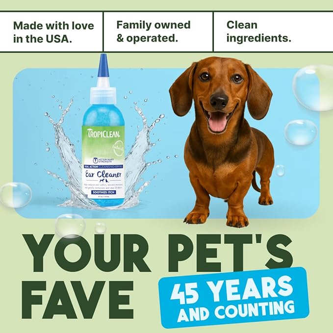 TropiClean Dog Ear Cleaner, Vet Recommended Ear Cleaning Solution for Itch Relief, Daily Use Drops Prevent Infection, Cat Safe, USA Made, 4oz