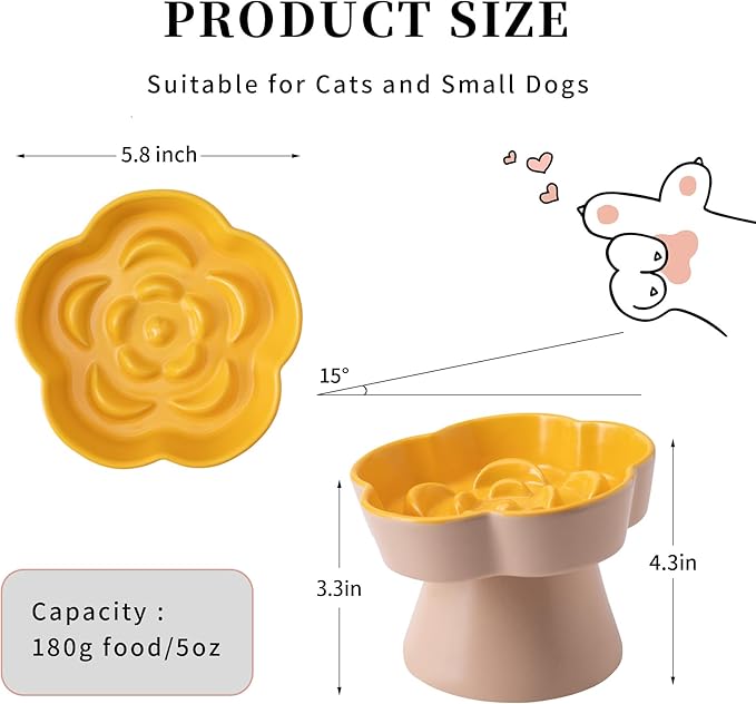 Tilted Cat Bowl, Flower-Shaped Ceramic Slow Feeder Cat Bowl, Raised Pet Bowl for Whisker Relief, Prevents Vomiting & Bloating, Non-Slip Base, Easy to Clean for Dry/Wet Food (Lavender & Yellow)