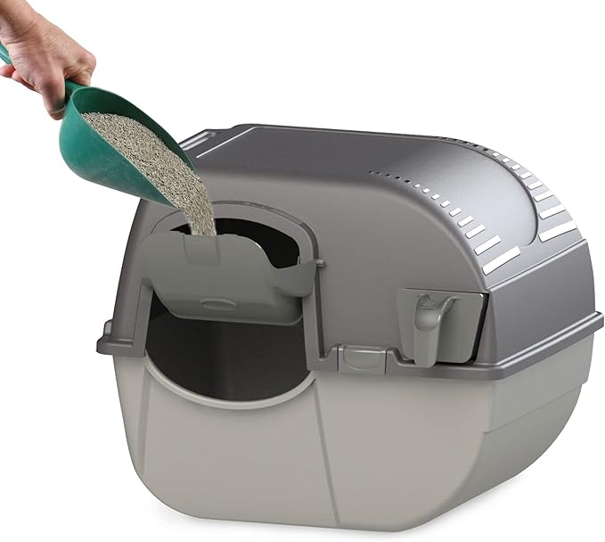 Omega Paw Premium Roll 'N Clean Self Cleaning Litter Box with Integrated Litter Step and Unique Sifting Grill for Quick Maintenance, Large Size, Gray
