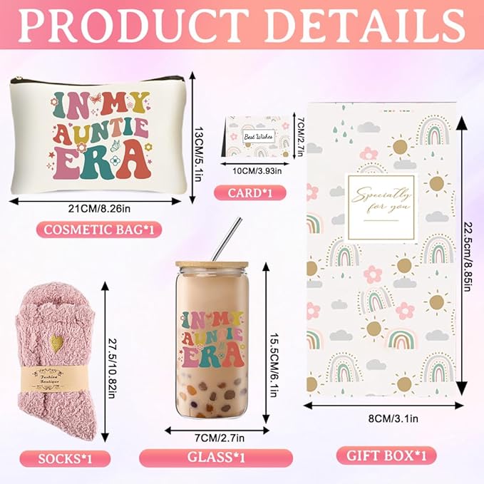 Unique Gifts from Niece Nephew, Aunt Gifts for Women, Birthday Mother’s Day Thank You Presents Set with Glass Cup Makeup Bag for Auntie New Aunt