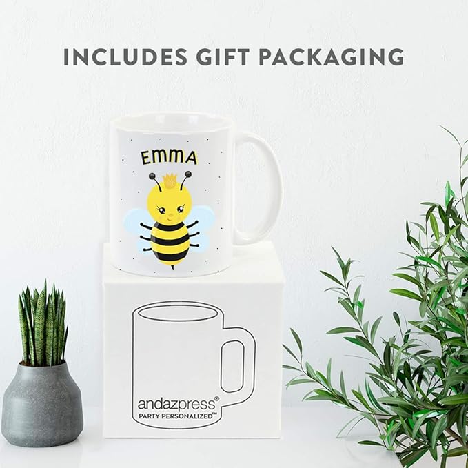 Andaz Press Personalized 11oz. Kids Milk Hot Chocolate Mug, Busy Princess Bee, 1-Pack, Custom Child’s Birthday Christmas Coffee Cup