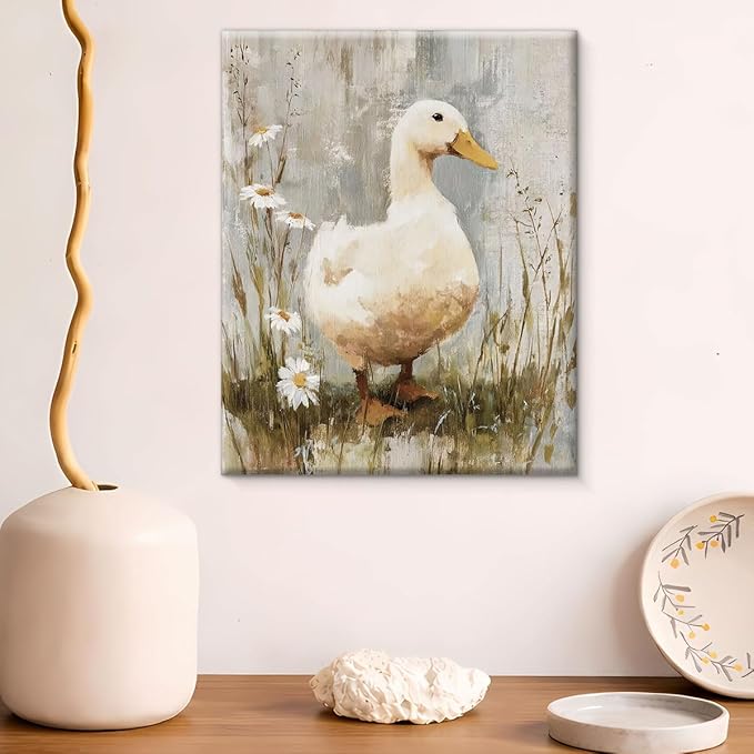 Rustic Floral Duck Canvas Wall Art Vintage Cute Duck Print Painting Cottagecore Wall Decor for Farmhouse Home Living Room 8x10 Inches Framed