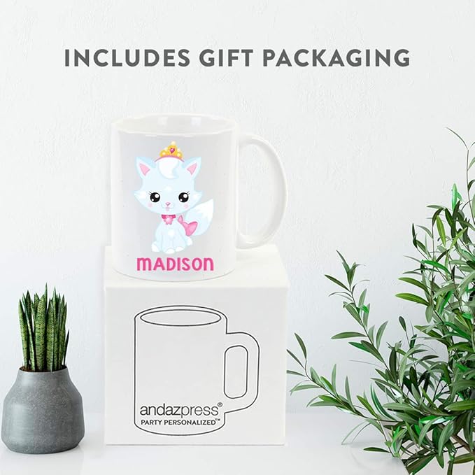 Andaz Press Personalized 11oz. Kids Milk Hot Chocolate Mug, Baby Blue Princess Cat, 1-Pack, Custom Child’s Birthday Christmas Coffee Cup