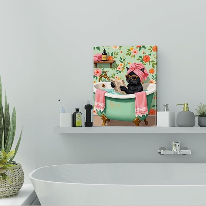 Funny Cat Bathroom Canvas Wall Art, 11.4x15in Cat Framed Art Paintings Wall Decor Unique Gifts And Animal Lover Prints Picture for Living Room Bathroom Kitchen Farmhouse Decor