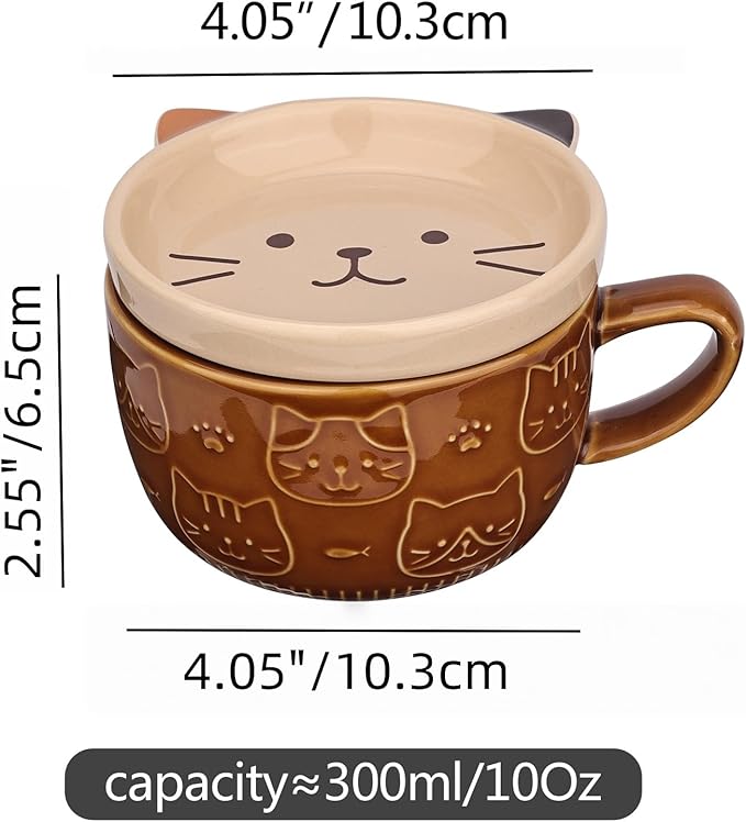 Cute Ceramic Cat Coffee Mug with Lid,Kawaii Coffee Mugs or Tea Cups for Cat Lovers,Funny Novelty Breakfast Mugs for Women Wife Mum Girls Boys Friends Kids Christmas Birthday Gift,300ML（Brown）