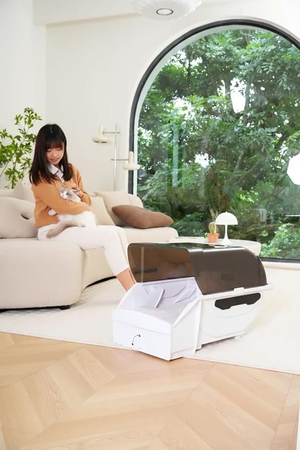 Smart Cat Litter Box Cat Litter Box Wide Opening with Hood Automatic Self-Cleaning WiFi App Control LED Display Extra Large for Cats Up to 90 lbs Cream White