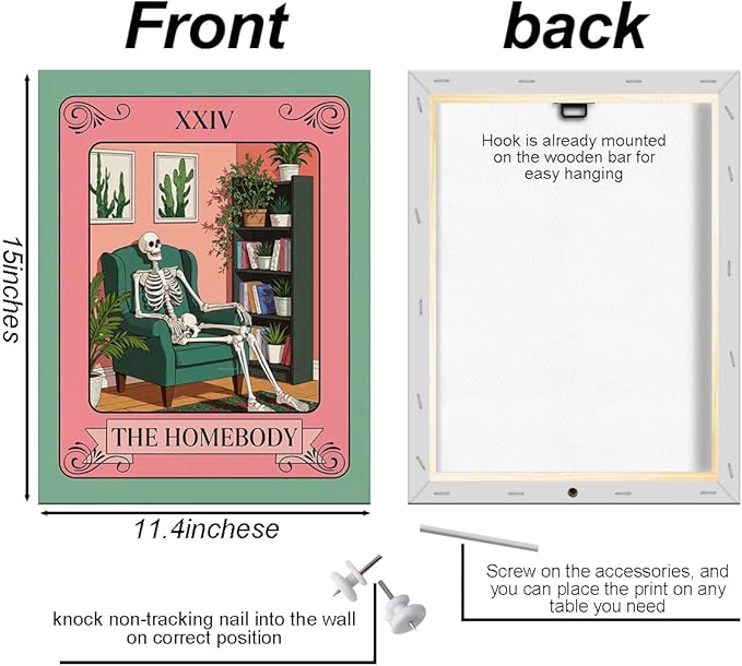 The Homebody Tarot Card Wall Art, Funny Skeleton Gothic Posters, Vintage Botanical Framed Canvas Prints Whimsical Decor, Books Poster for Living Room Entryway Book Shelf Bedroom 15x11.4 inch