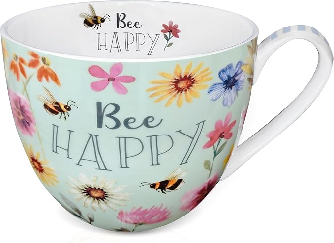 20 oz Bees & Flowers Coffee Hug Mug,“Be Happy” Designed to Spread Joy, Premium Bone China, Best Gifts for Mom Women Mothers Day, Designed in England by Harvest Green Studio