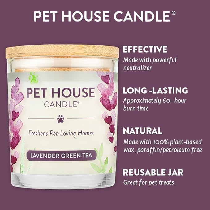 One Fur All Pet House Soy Candles, Clean Burning, Long Lasting, Plant-Based Pet Odor Candles, Lavender Green Tea, 4 Pack