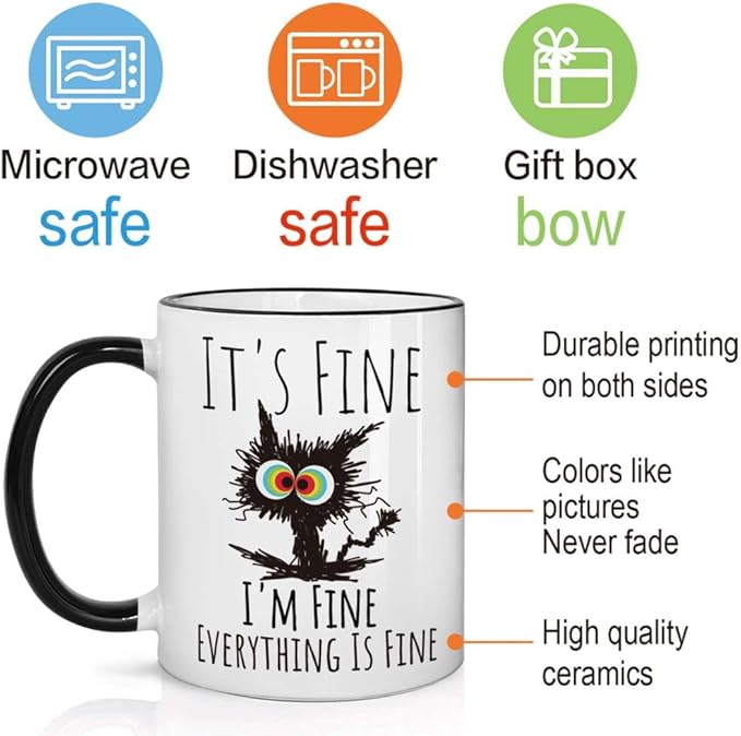 FALJIOK Funny Cat Coffee Mug Gifts for Cat Lover, It's Fine I'm Fine Everything Is Fines Coffee Mug 11oz, Novelty Mugs Gift for Women Man, Cats Lover Birthday Christmas Mugs