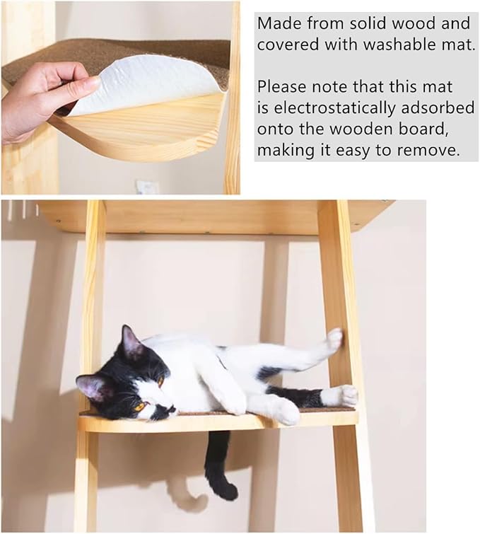 Modern 70“ Tall 6 Level Leaning Cat Climbing Ladder Tree Tower Condo with Large Perch Platform for Window Wall, Solid Wood Cat Furniture Shelves for Multiple Cats
