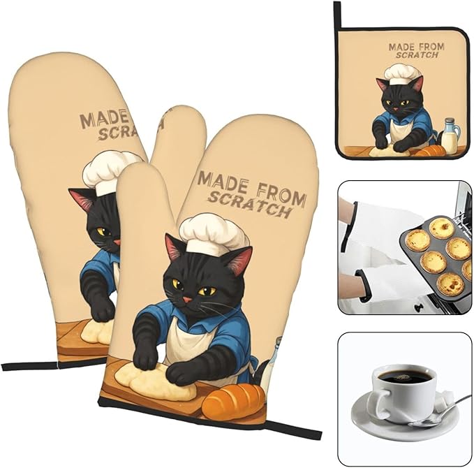 Funny Black Cat Oven Mitts and Pot Holders Set, Heat Resistant Cute Oven Gloves Hot Pads for Cooking Grilling Baking Kitchen Decor, Black Cat Lover Gifts for Chef Baker, Baking Gifts for Women